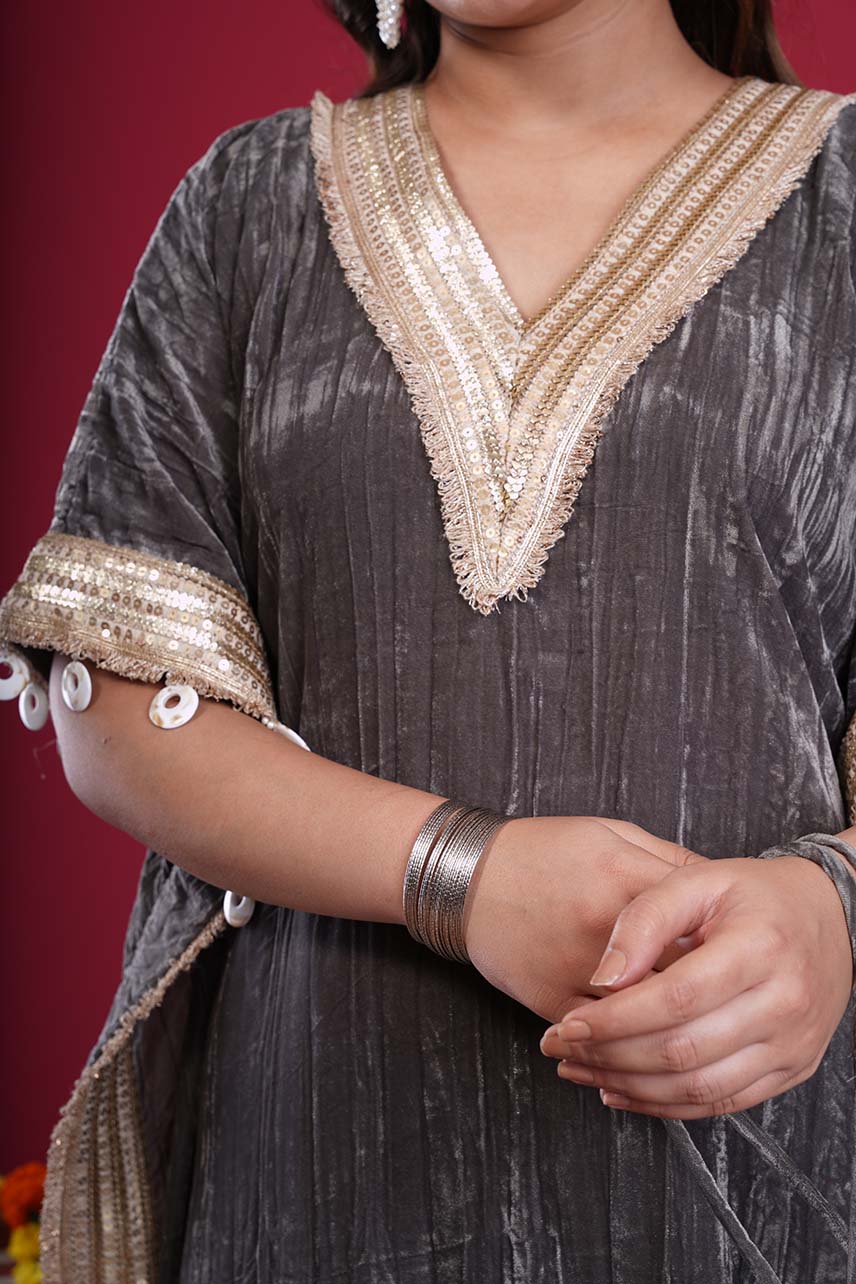 Avnoor Crushed Velvet Kaftan set(Dark Grey)