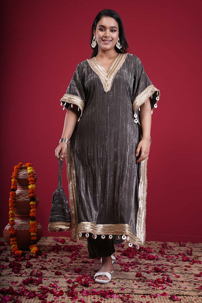 Avnoor Crushed Velvet Kaftan set(Dark Grey)