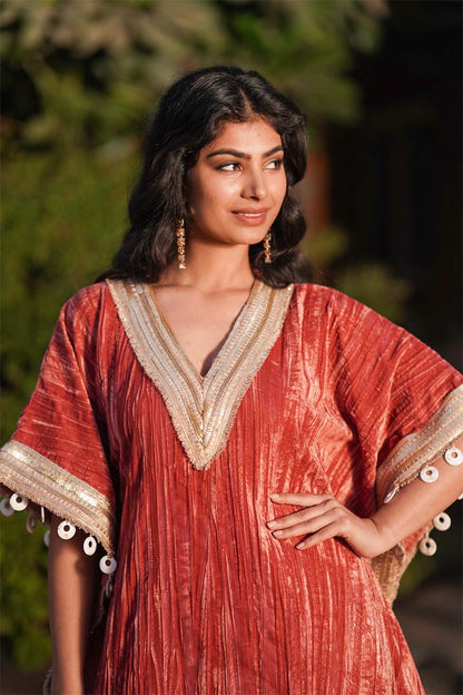 Avnoor Crushed Velvet Kaftan set(Peach)